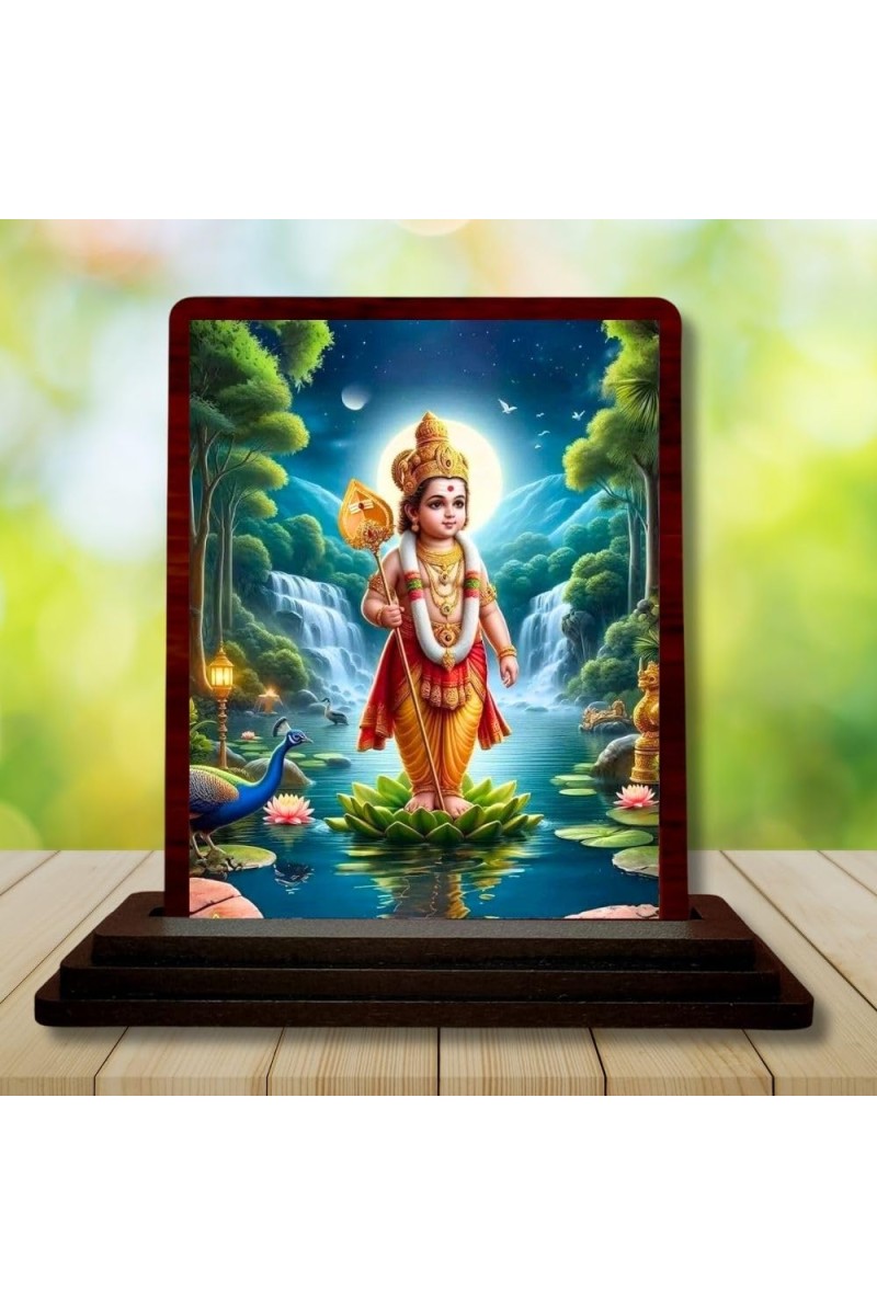 Car Desk/Table Top Lord Karthikeya Wooden Photo Stand 3x4 Inches, Compact & Stylish Spiritual Display For Car, Home & Office (Pack Of 1) (F14316)