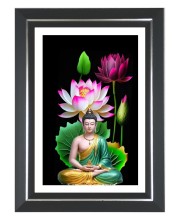 Buddha Statue Blooming Lotus Flowers Photo Wall & Table Frame | 16x20 Inch Black Designer | Perfect For Gifting & Home Decor (F9609)