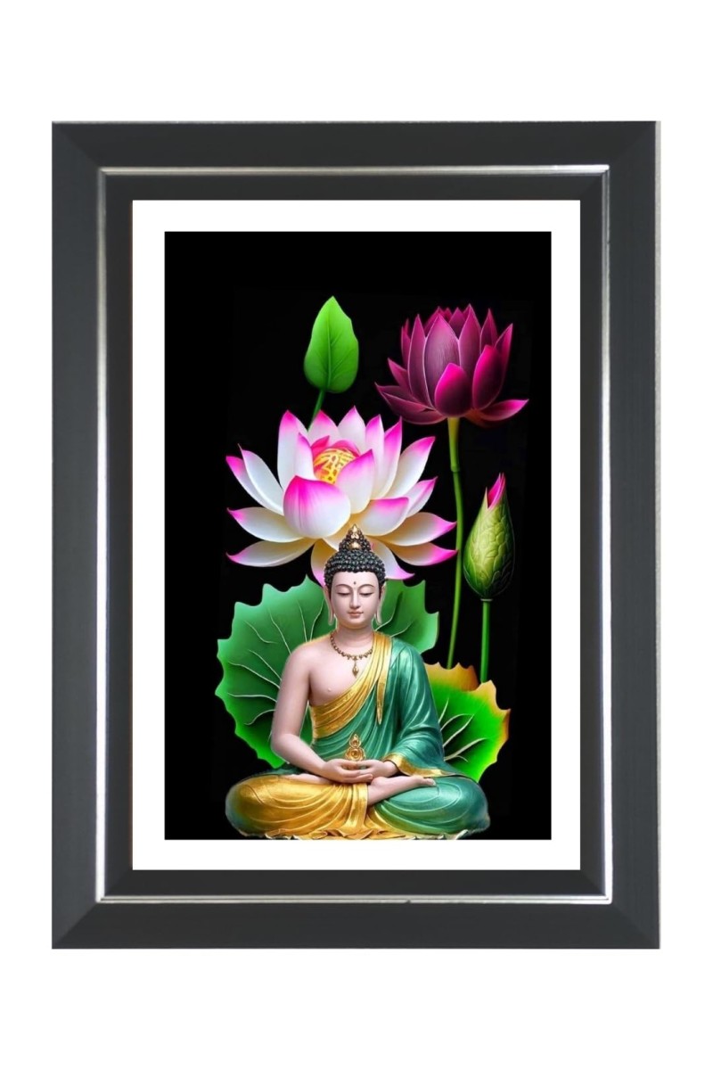 Buddha Statue Blooming Lotus Flowers Photo Wall & Table Frame | 18x22 Inch Black Designer | Perfect For Gifting & Home Decor (F9609)