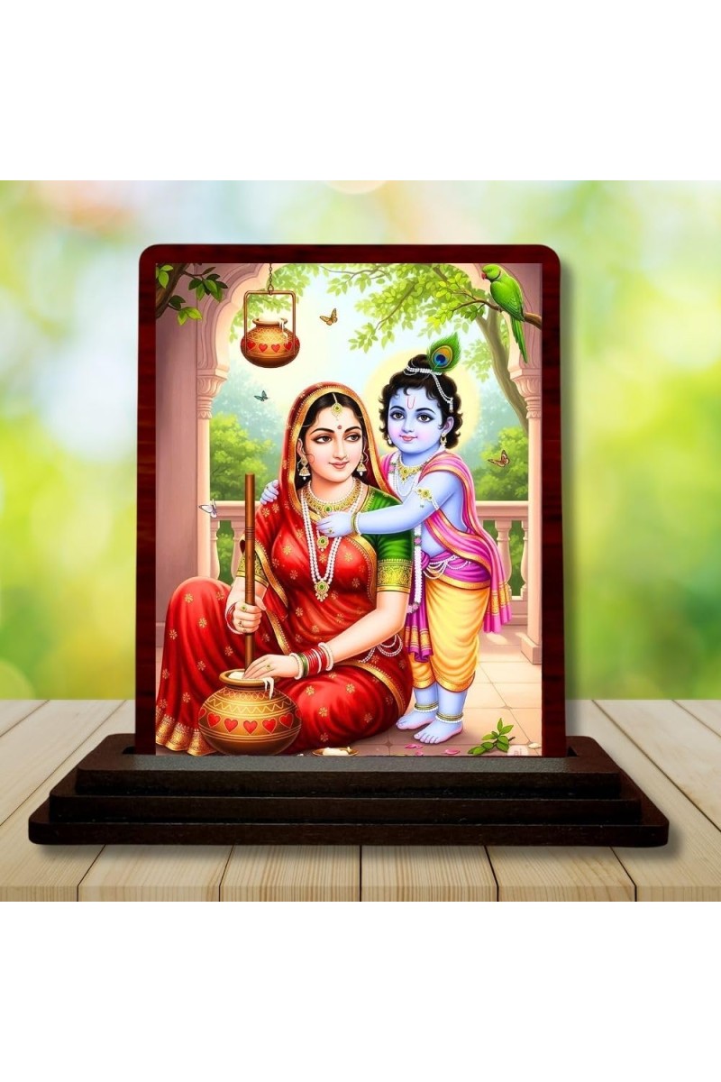 Car Desk/Table Top Yashodha Krishna Wooden Photo Stand 3x4 Inches, Compact & Stylish Spiritual Display For Car, Home & Office (Pack Of 1) (F14546)