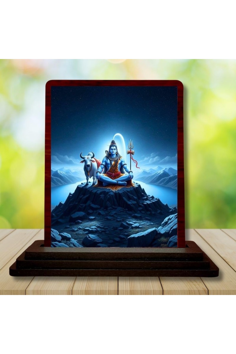Car Desk/Table Top Lord Shiva Wooden Photo Stand 3x4 Inches, Compact & Stylish Spiritual Display For Car, Home & Office (Pack Of 1) (F14308)
