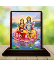 Car Desk/Table Top Lord Vishnu Lakshmi Wooden Photo Stand 3x4 Inches, Compact & Stylish Spiritual Display For Car, Home & Office (Pack Of 1) (F14190)