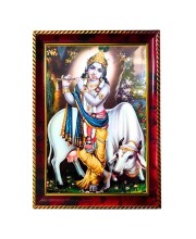 Lord Krishna With Gomatha Photo Frame For Wall & Table | 7x9 Inch Golden Cherry Finish | Decorative Lord Krishna With Gomatha Photo Frame For Home, Office & Pooja Room (F11538)
