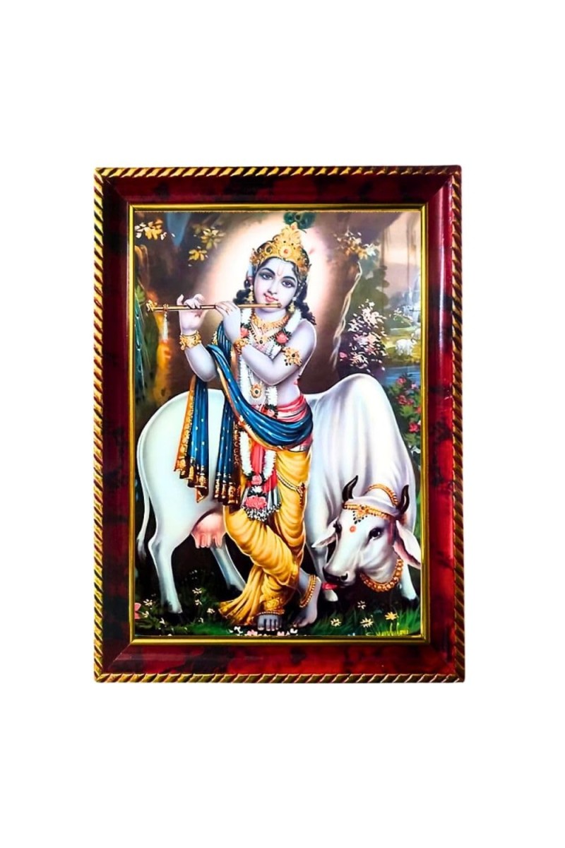 Lord Krishna With Gomatha Photo Frame For Wall & Table | 7x9 Inch Golden Cherry Finish | Decorative Lord Krishna With Gomatha Photo Frame For Home, Office & Pooja Room (F11538)