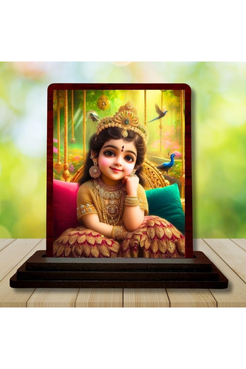 Car Desk/Table Top Cute Radha Wooden Photo Stand 3x4 Inches, Compact & Stylish Spiritual Display For Car, Home & Office (Pack Of 1) (F14461)