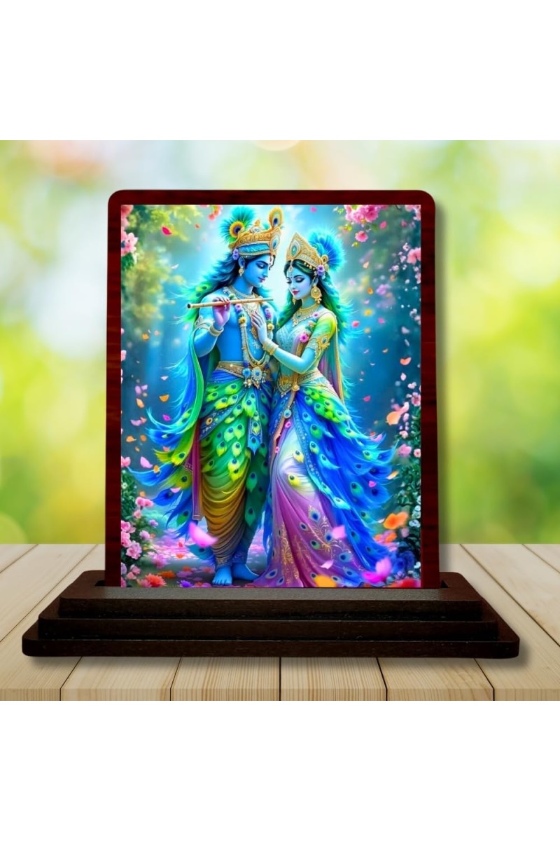 Car Desk/Table Top Lord Radha Krishna Wooden Photo Stand â€“ 3x4 Inches, Compact & Stylish Spiritual Display For Car, Home & Office (Pack Of 1) (F15127)