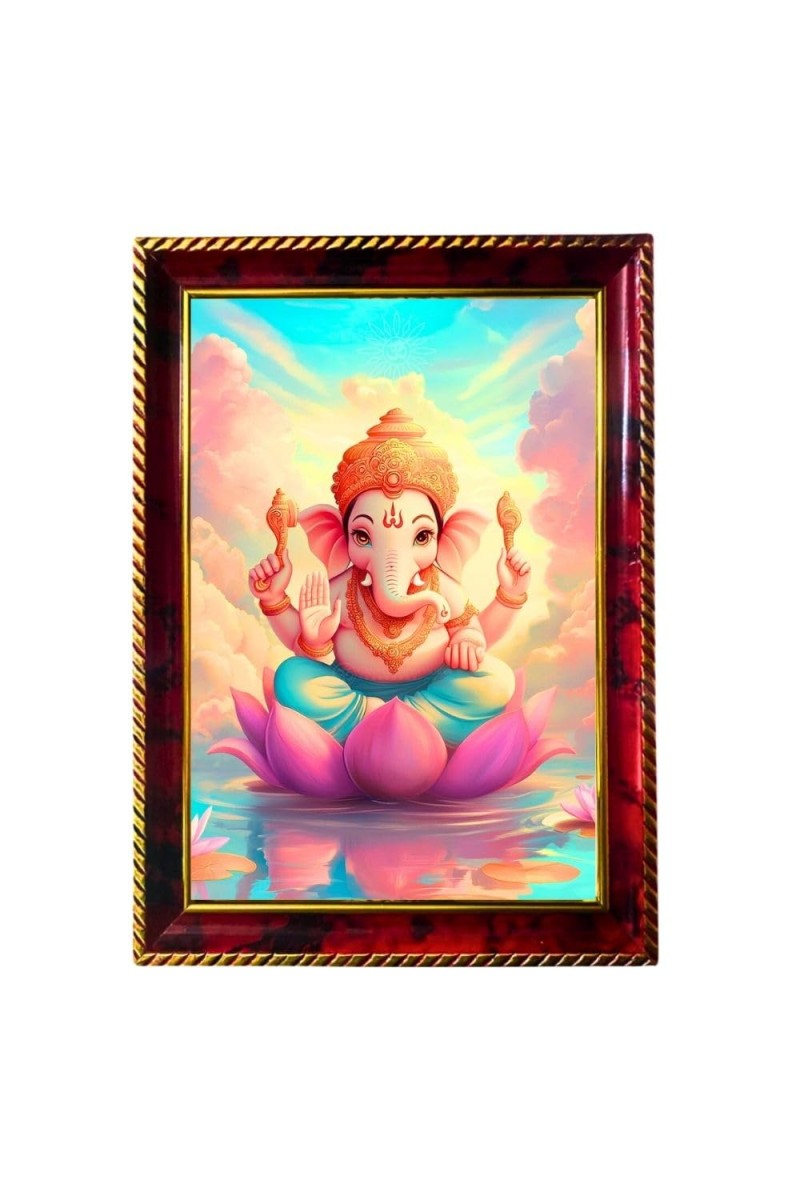 Lord Cute Ganesha Photo Frame For Wall & Table | 7x9 Inch Golden Cherry Finish | Decorative Lord Cute Ganesha Photo Frame For Home, Office & Pooja Room (F11339)