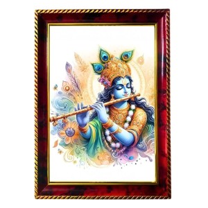 God Sri Krishna With Flute Photo Frame For Wall & Table | 7x9 Inch Golden Cherry Finish | Decorative God Sri Krishna With Flute Photo Frame For Home, Office & Pooja Room (F11408)