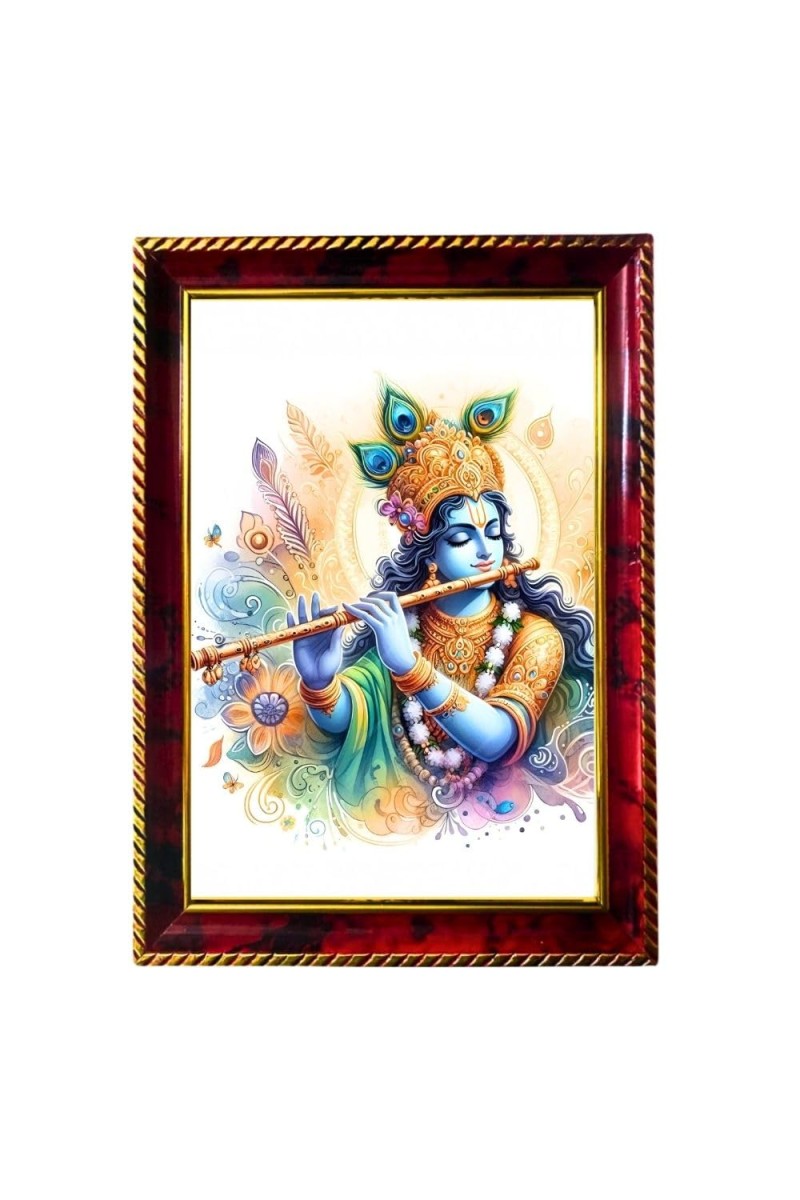 God Sri Krishna With Flute Photo Frame For Wall & Table | 7x9 Inch Golden Cherry Finish | Decorative God Sri Krishna With Flute Photo Frame For Home, Office & Pooja Room (F11408)