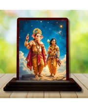 Car Desk/Table Top Lord Ganesha And Karthikeya Wooden Photo Stand 3x4 Inches, Compact & Stylish Spiritual Display For Car, Home & Office (Pack Of 1) (F14382)