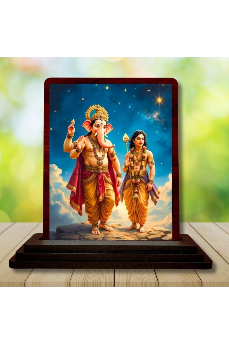 Car Desk/Table Top Lord Ganesha And Karthikeya Wooden Photo Stand 3x4 Inches, Compact & Stylish Spiritual Display For Car, Home & Office (Pack Of 1) (F14382)