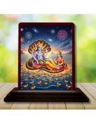 Car Desk/Table Top Lord Vishnu And Lakshmi Wooden Photo Stand 3x4 Inches, Compact & Stylish Spiritual Display For Car, Home & Office (Pack Of 1) (F14303)
