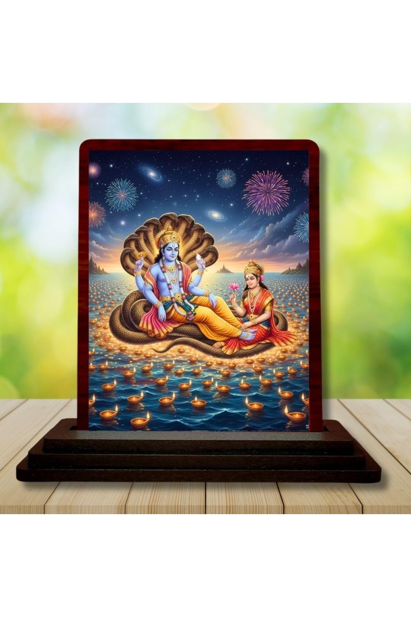 Car Desk/Table Top Lord Vishnu And Lakshmi Wooden Photo Stand 3x4 Inches, Compact & Stylish Spiritual Display For Car, Home & Office (Pack Of 1) (F14303)