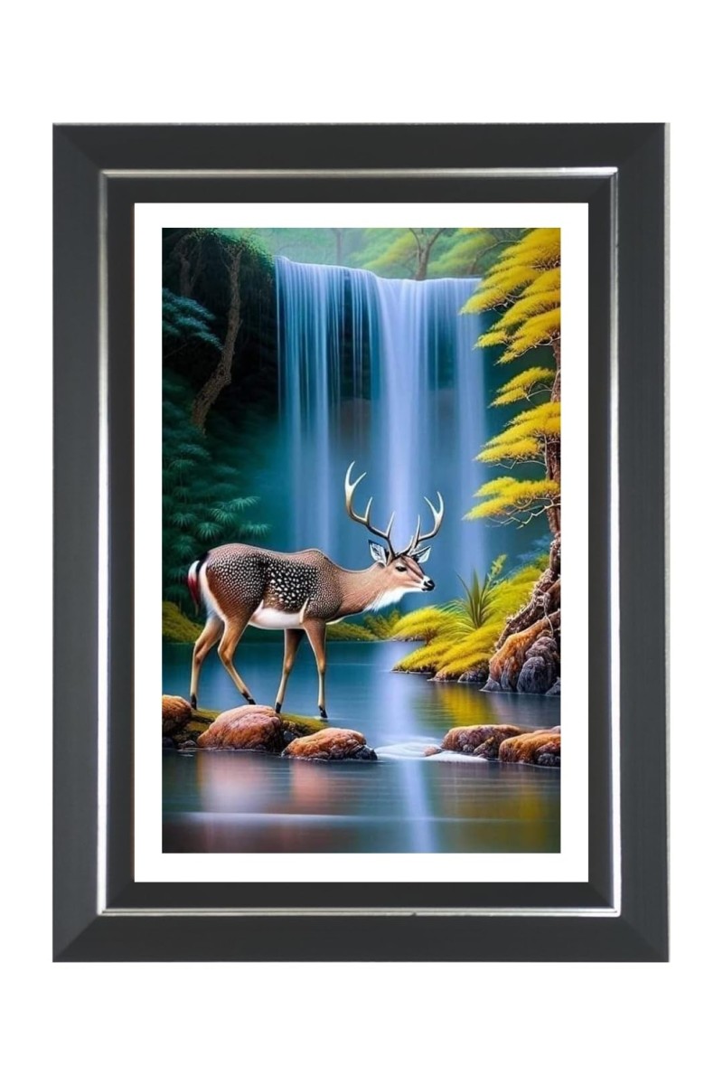 Deer And Waterfall Photo Wall & Table Frame | 10x14 Inch Black Designer | Perfect For Gifting & Home Decor (F9618)