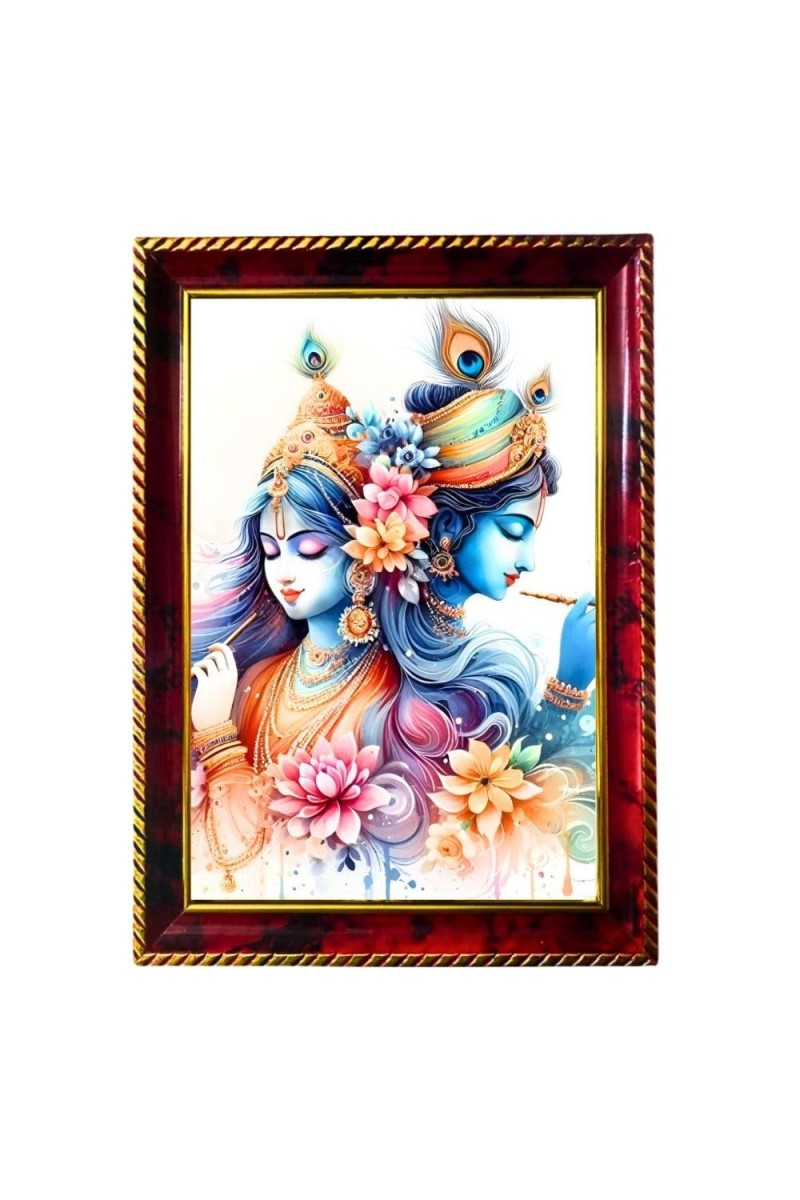 Radha Krishna Photo Frame For Wall & Table | 7x9 Inch Golden Cherry Finish | Decorative Radha Krishna Photo Frame For Home, Office & Pooja Room (F11579)