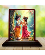 Car Desk/Table Top Radha Krishna Wooden Photo Stand 3x4 Inches, Compact & Stylish Spiritual Display For Car, Home & Office (Pack Of 1) (F14381)