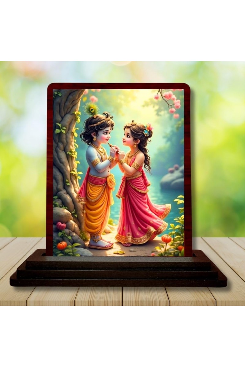 Car Desk/Table Top Radha Krishna Wooden Photo Stand 3x4 Inches, Compact & Stylish Spiritual Display For Car, Home & Office (Pack Of 1) (F14381)