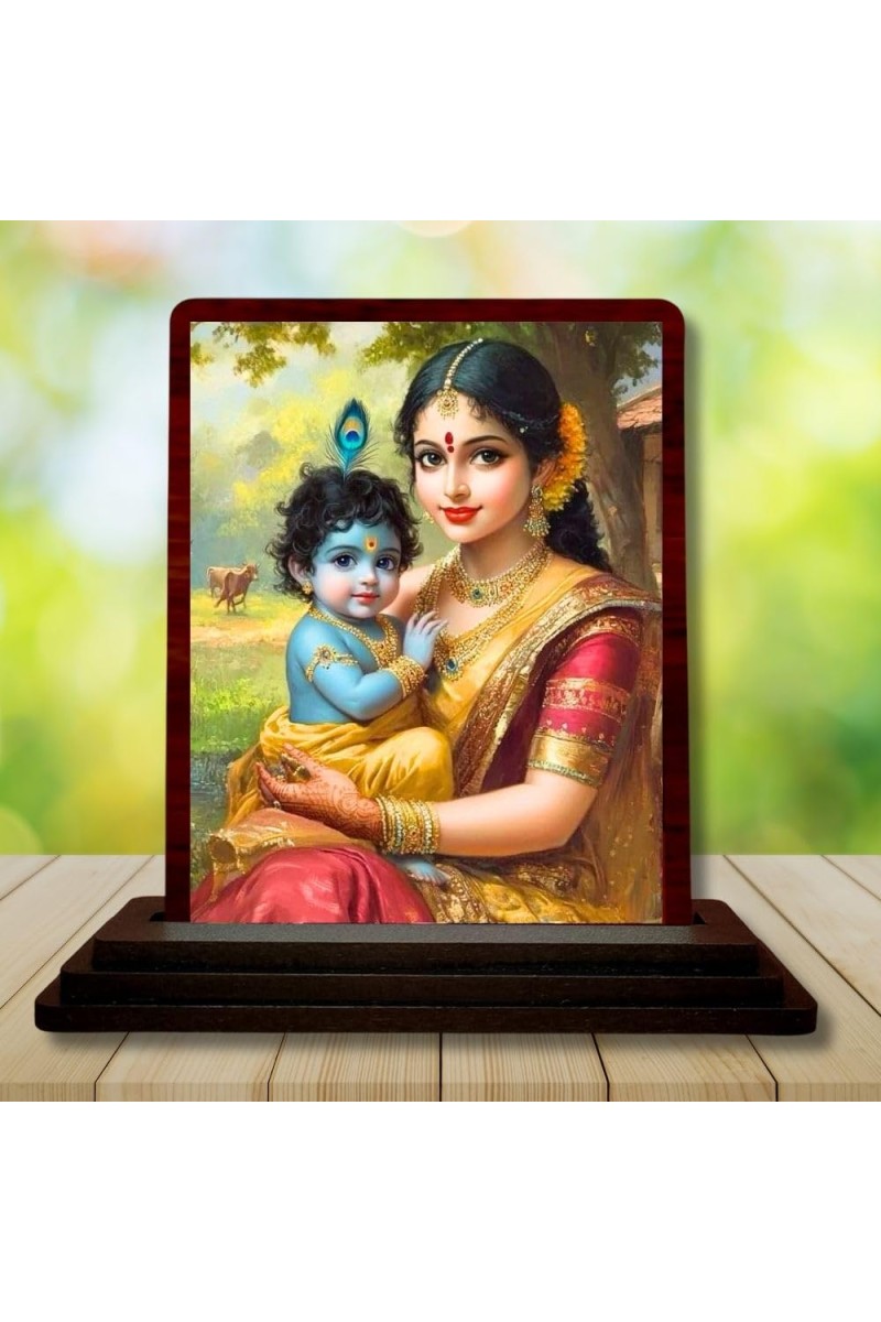 Car Desk/Table Top Yashodha With Krishna Wooden Photo Stand 3x4 Inches, Compact & Stylish Spiritual Display For Car, Home & Office (Pack Of 1) (F14633)