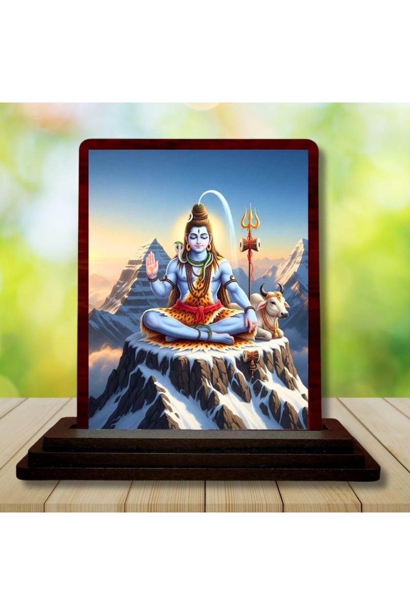 Car Desk/Table Top Lord Shiva Wooden Photo Stand 3x4 Inches, Compact & Stylish Spiritual Display For Car, Home & Office (Pack Of 1) (F14309)