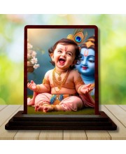 Car Desk/Table Top Lord Krishna Wooden Photo Stand 3x4 Inches, Compact & Stylish Spiritual Display For Car, Home & Office (Pack Of 1) (F14458)