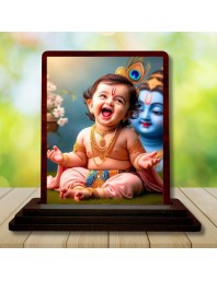 Car Desk/Table Top Lord Krishna Wooden Photo Stand 3x4 Inches, Compact & Stylish Spiritual Display For Car, Home & Office (Pack Of 1) (F14458)