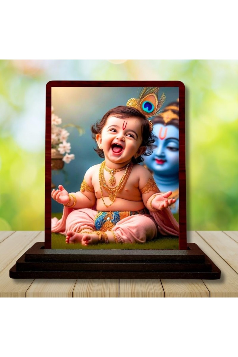Car Desk/Table Top Lord Krishna Wooden Photo Stand 3x4 Inches, Compact & Stylish Spiritual Display For Car, Home & Office (Pack Of 1) (F14458)