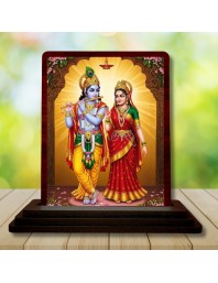 Car Desk/Table Top Lord Radha Krishna Wooden Photo Stand 3x4 Inches, Compact & Stylish Spiritual Display For Car, Home & Office (Pack Of 1) (F15110)