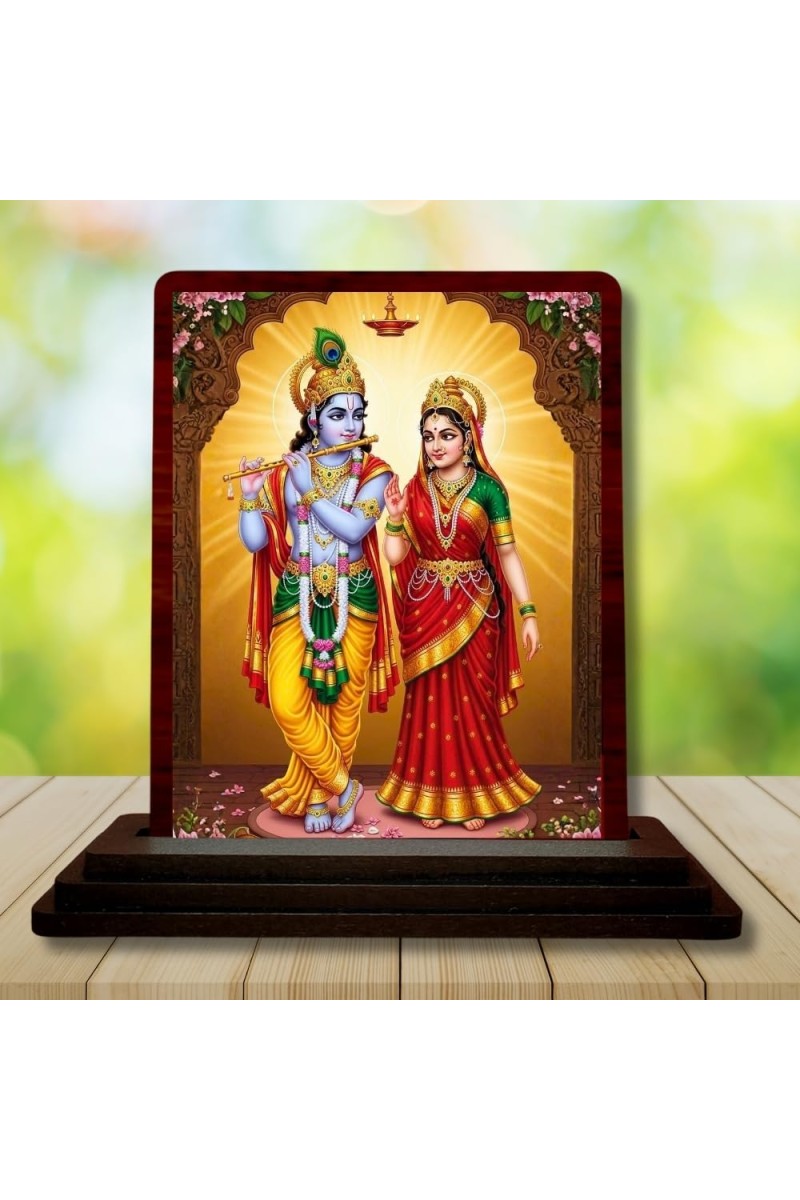 Car Desk/Table Top Lord Radha Krishna Wooden Photo Stand â€“ 3x4 Inches, Compact & Stylish Spiritual Display For Car, Home & Office (Pack Of 1) (F15110)