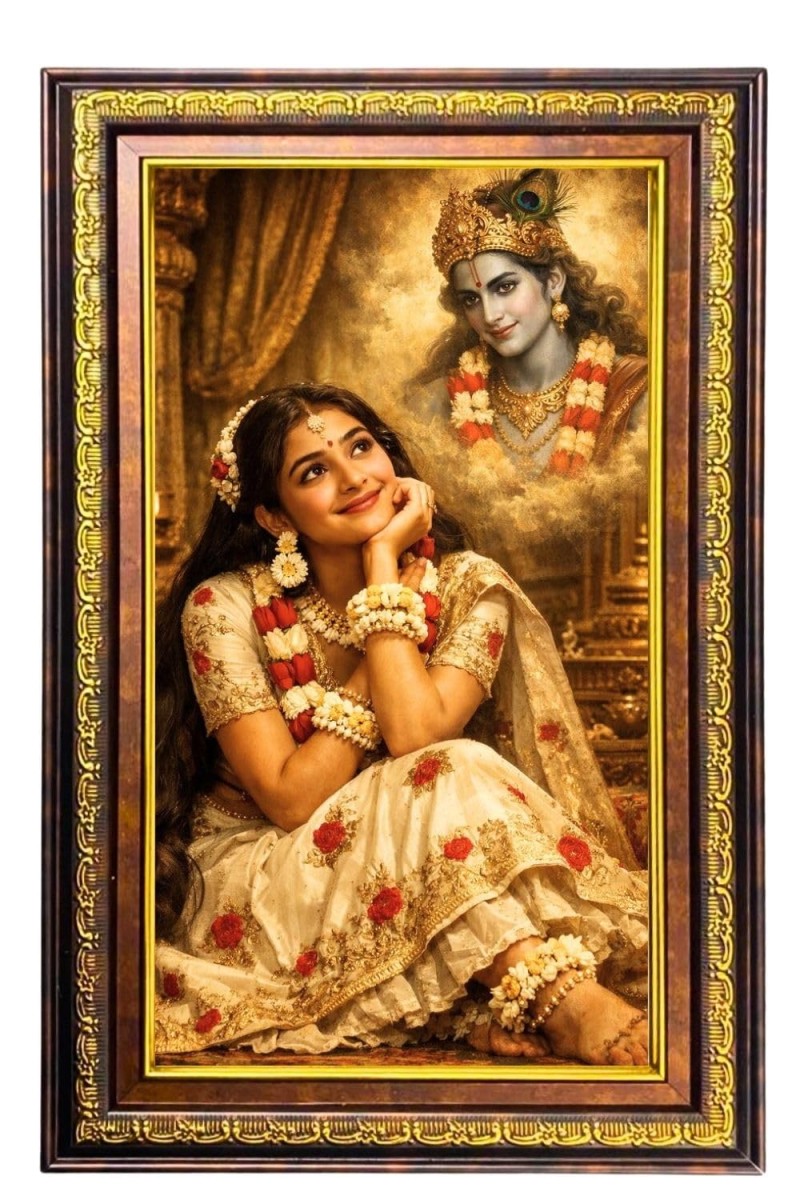 Radha Krishna Digital Golden Balck Color Photo Frame | Hindu Religious Wall Decor | 10x16 Inches - Inspirational Wall Art For Office, Home Decor - Ideal Spiritual Gift (F16473)