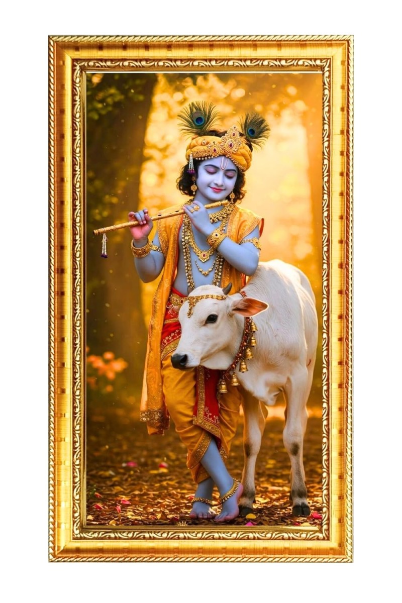 Little Krishna Digital Golden Color Photo Frame | Hindu Religious Wall Decor | 10x17 Inches - Inspirational Wall Art For Office, Home Decor - Ideal Spiritual Gift (F10282)