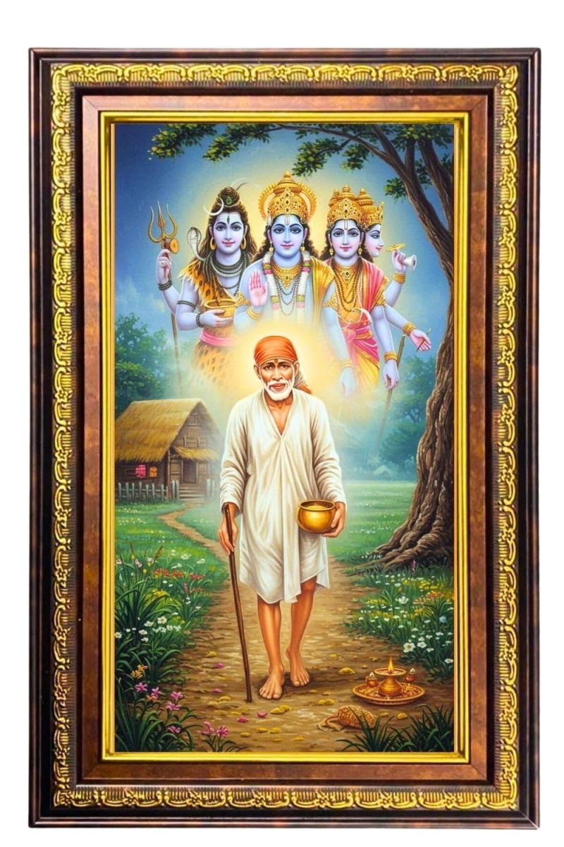 Sai Baba And Bramha And Shiva And Vishnu Digital Golden Balck Color Photo Frame | Hindu Religious Wall Decor | 10x16 Inches - Inspirational Wall Art For Office, Home Decor - Ideal Spiritual Gift (F1