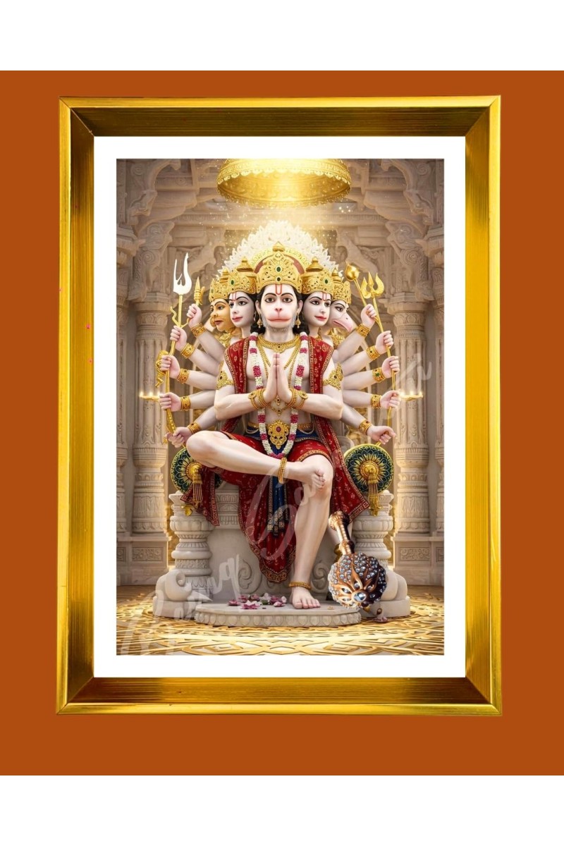 Lord Hanuman Golden Photo Frame - 10x14 Inches | Elegant Wooden Frame For Home, Office & Temple Decoration | Spiritual Wall & Table Decor And Gift Item (F9476)