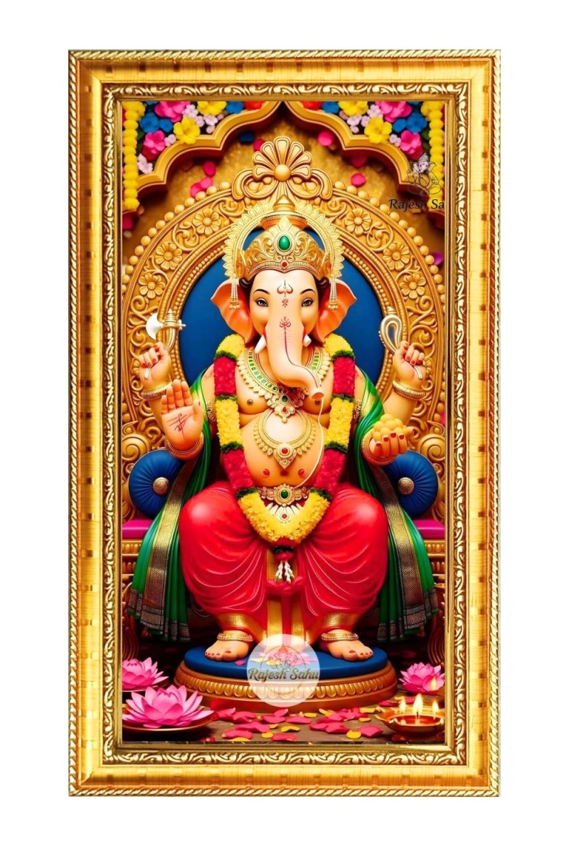 Lord Ganesh Digital Golden Color Photo Frame | Hindu Religious Wall Decor | 8x15 Inches - Inspirational Wall Art For Office, Home Decor - Ideal Spiritual Gift (F10330)