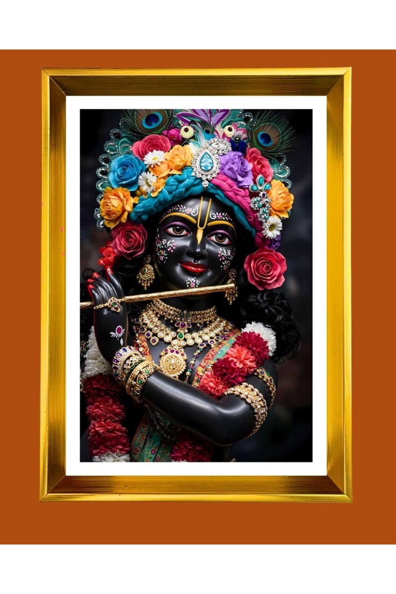 Divine Krishna Golden Photo Frame - 18x22 Inches | Elegant Wooden Frame For Home, Office & Temple Decoration | Spiritual Wall & Table Decor And Gift Item (F9799)