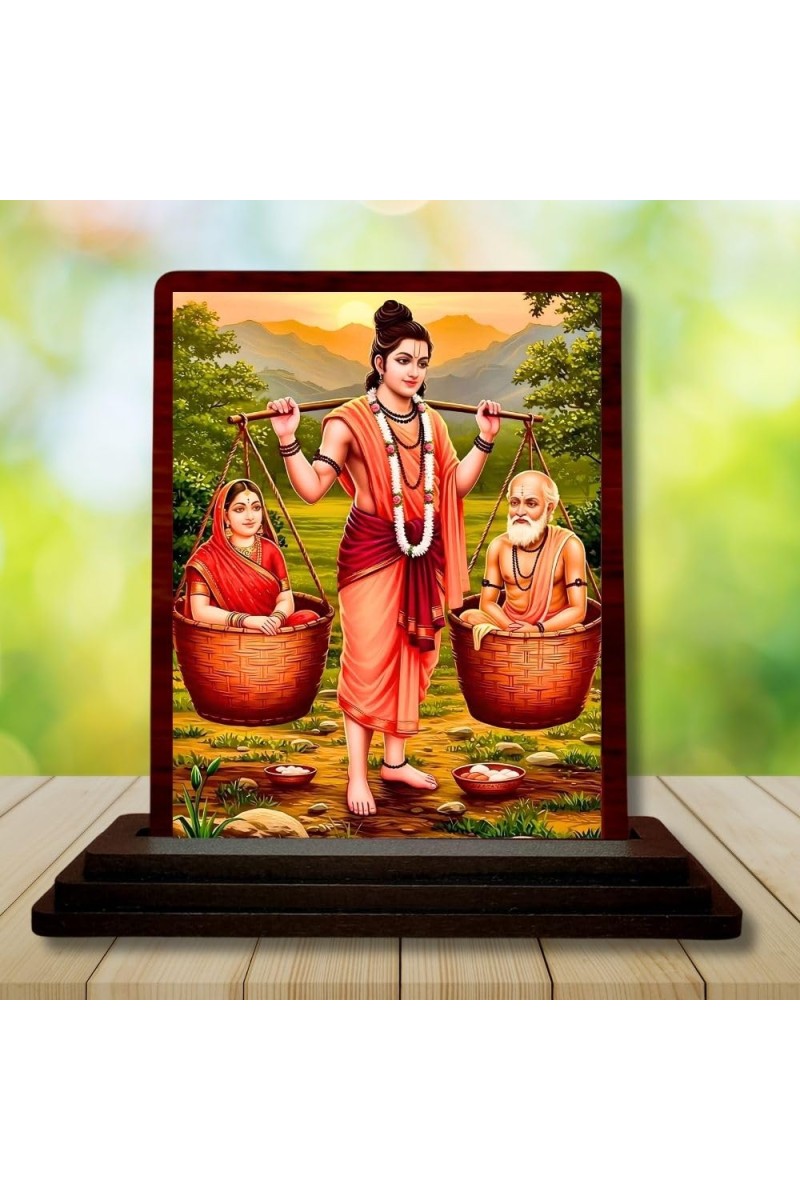 Car Desk/Table Top Shravana Kumara With His Parents Wooden Photo Stand 3x4 Inches, Compact & Stylish Spiritual Display For Car, Home & Office (Pack Of 1) (F14589)