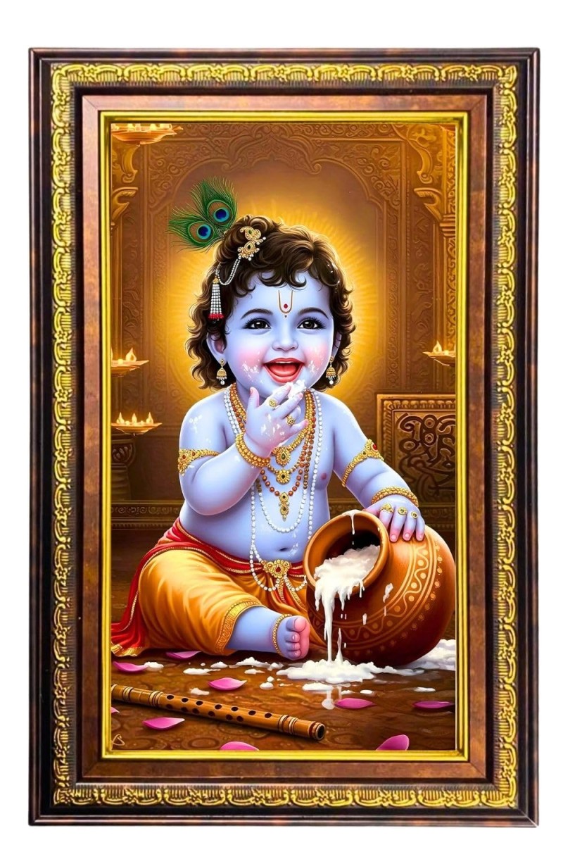 Lord Krishna Digital Golden Balck Color Photo Frame | Hindu Religious Wall Decor | 10x16 Inches - Inspirational Wall Art For Office, Home Decor - Ideal Spiritual Gift (F16791)