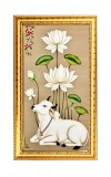 Cow With Lotus Flower Digital Golden Color Photo Frame | Hindu Religious Wall Decor | 8x15 Inches - Inspirational Wall Art For Office, Home Decor - Ideal Spiritual Gift (F10297)