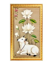 Cow With Lotus Flower Digital Golden Color Photo Frame | Hindu Religious Wall Decor | 10x17 Inches - Inspirational Wall Art For Office, Home Decor - Ideal Spiritual Gift (F10297)