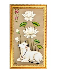 Cow With Lotus Flower Digital Golden Color Photo Frame | Hindu Religious Wall Decor | 10x17 Inches - Inspirational Wall Art For Office, Home Decor - Ideal Spiritual Gift (F10297)