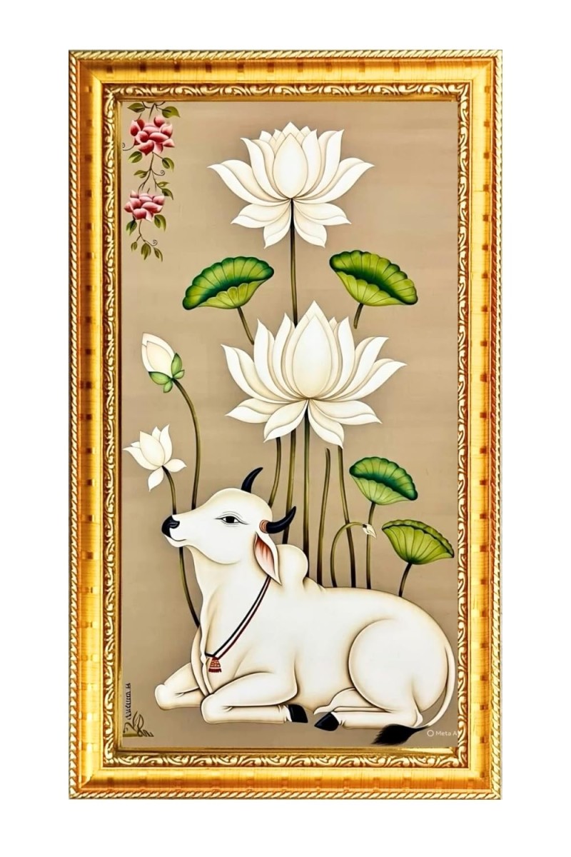 Cow With Lotus Flower Digital Golden Color Photo Frame | Hindu Religious Wall Decor | 8x15 Inches - Inspirational Wall Art For Office, Home Decor - Ideal Spiritual Gift (F10297)