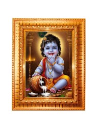 Lord Baby Krishna Golden Designer Photo Frame | 18x22 Inch Religious Wall Hanging Frame For Home & Office Decoration | Hindu Deity Spiritual Gift Item