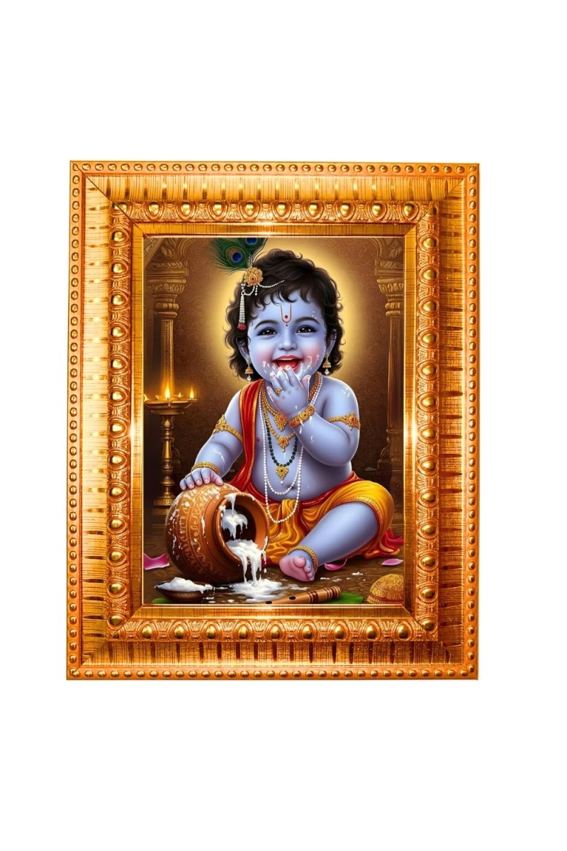 Lord Baby Krishna Golden Designer Photo Frame | 10x14 Inch Religious Wall Hanging Frame For Home & Office Decoration | Hindu Deity Lord Baby Krishna Spiritual Gift Item