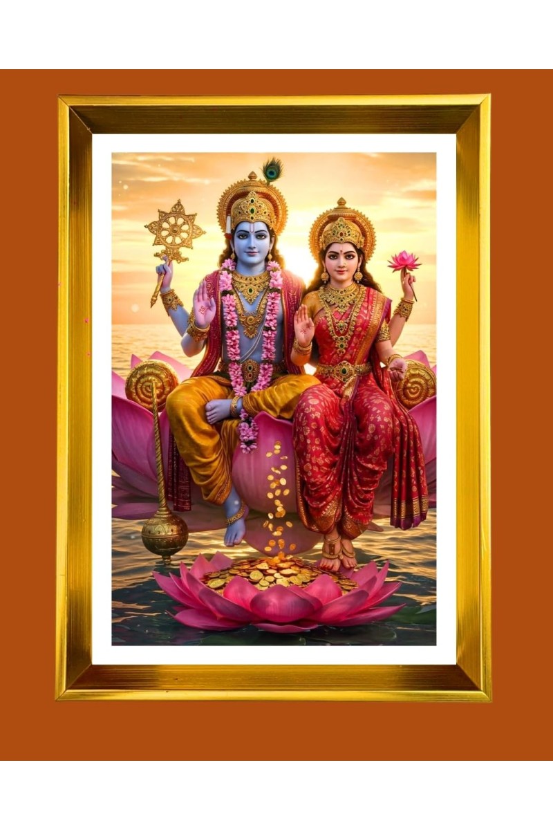 Lakhsmi Narayanaa Golden Photo Frame - 12x16 Inches | Elegant Wooden Frame For Home, Office & Temple Decoration | Spiritual Wall & Table Decor And Gift Item (F9776)
