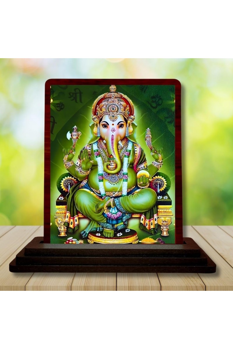 Car Desk/Table Top Lord Ganesha Wooden Photo Stand 3x4 Inches, Compact & Stylish Spiritual Display For Car, Home & Office (Pack Of 1) (F14159)