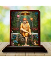 Car Desk/Table Top Lord Saibaba Wooden Photo Stand 3x4 Inches, Compact & Stylish Spiritual Display For Car, Home & Office (Pack Of 1) (F14322)