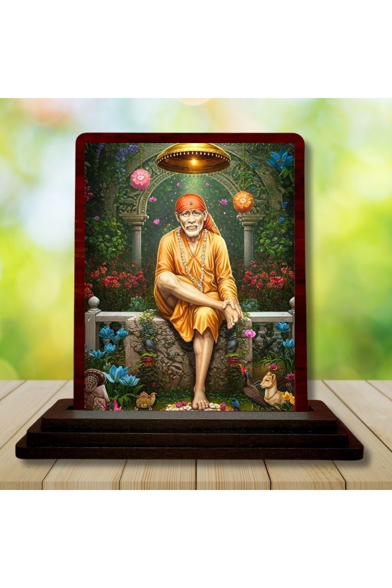 Car Desk/Table Top Lord Saibaba Wooden Photo Stand 3x4 Inches, Compact & Stylish Spiritual Display For Car, Home & Office (Pack Of 1) (F14322)