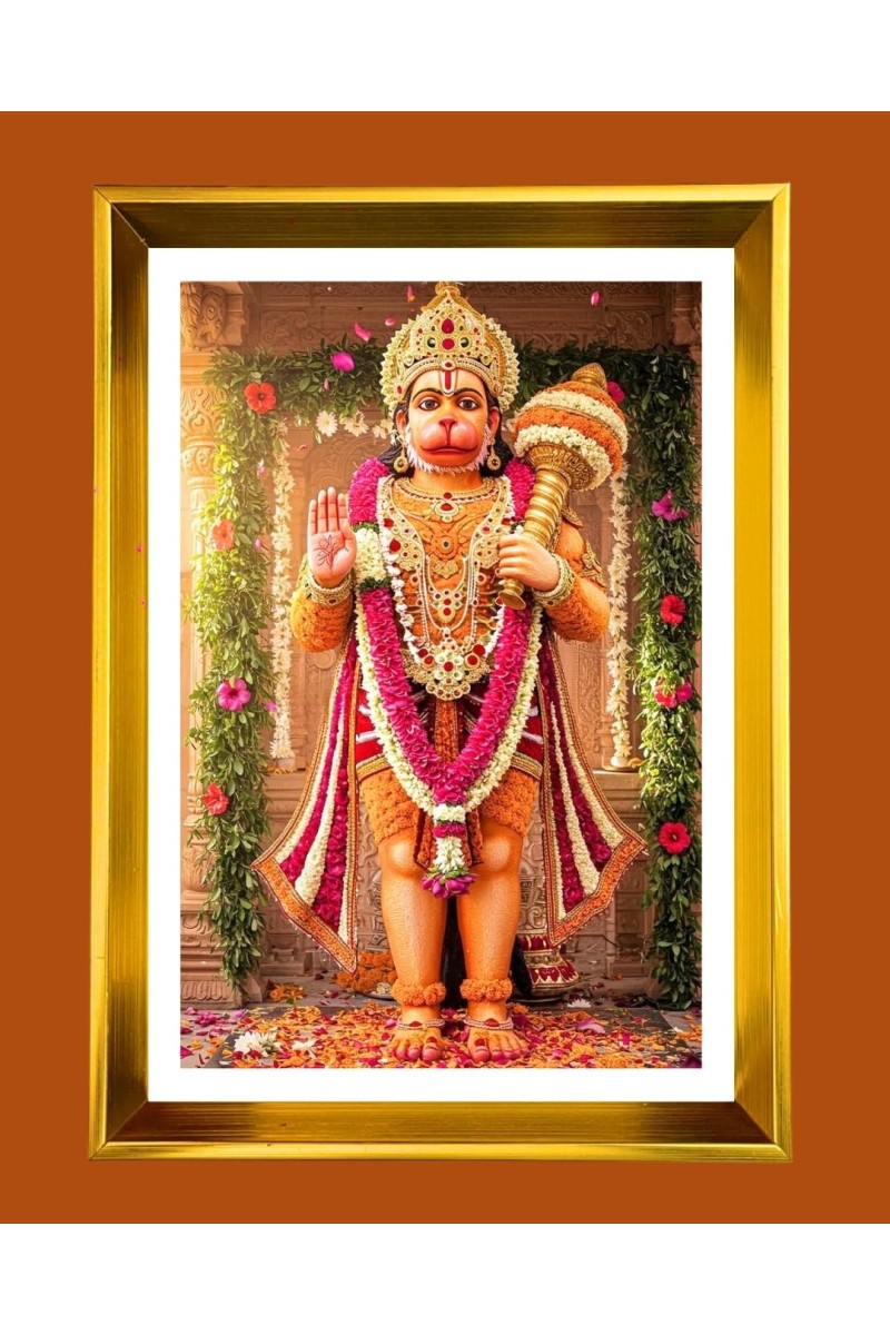 Lord Hanuman Golden Photo Frame - 10x14 Inches | Elegant Wooden Frame For Home, Office & Temple Decoration | Spiritual Wall & Table Decor and Gift Item