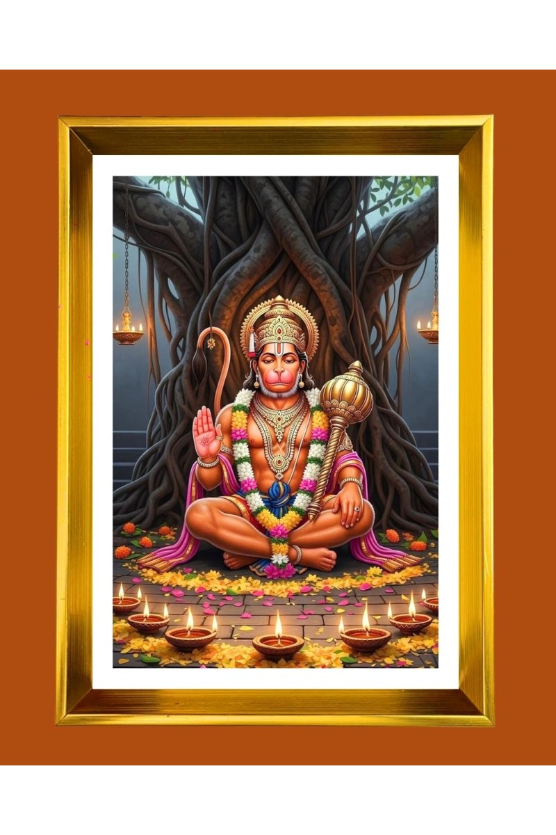 Lord Hanuman Golden Photo Frame - 10x14 Inches | Elegant Wooden Frame For Home, Office & Temple Decoration | Spiritual Wall & Table Decor And Gift Item (F9448)