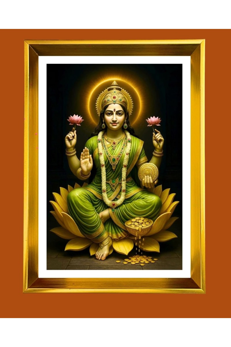 Mata Lakshmi Golden Photo Frame - 10x14 Inches | Elegant Wooden Frame For Home, Office & Temple Decoration | Spiritual Wall & Table Decor and Gift Item