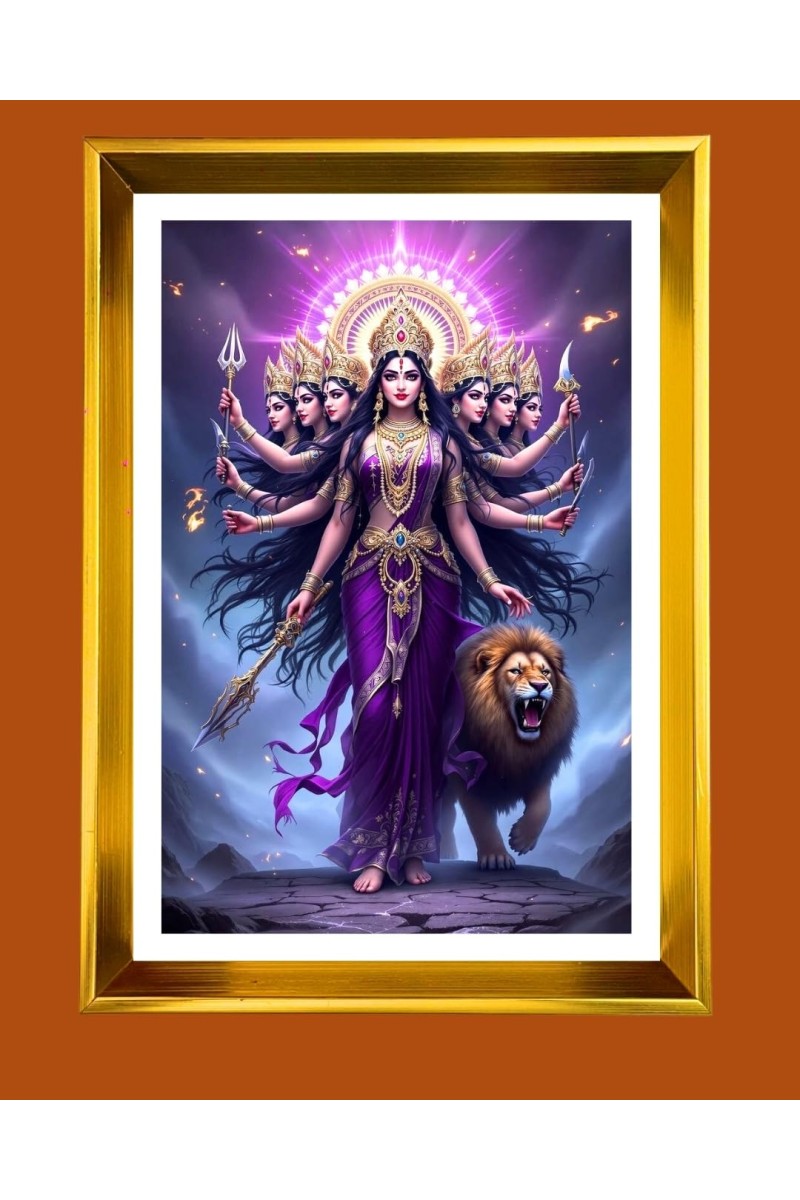 Devi Durga Golden Photo Frame - 18x22 Inches | Elegant Wooden Frame For Home, Office & Temple Decoration | Spiritual Wall & Table Decor And Gift Item (F9739)
